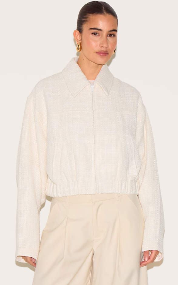 Cream Zip Front Textured Bomber - Slimoa Boutique